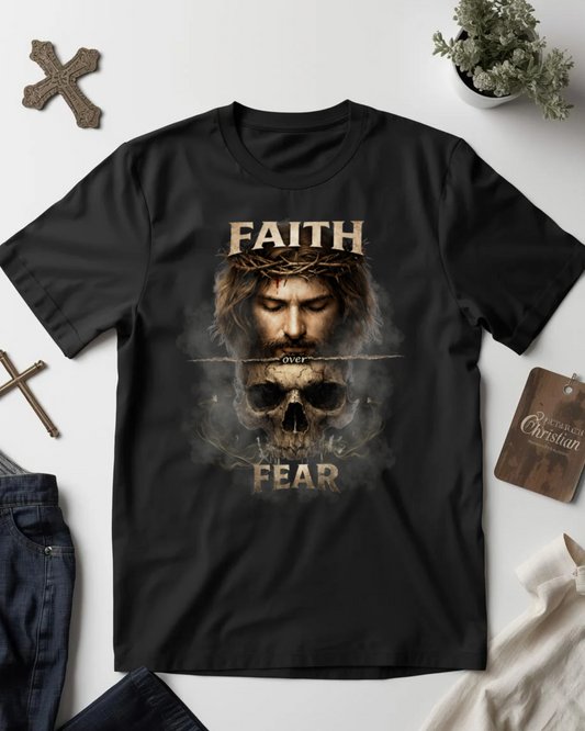 Black t-shirt with a graphic design featuring a skull and text on a white background.