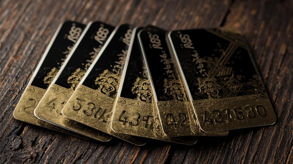 Set of gold and black gift cards on a wooden surface