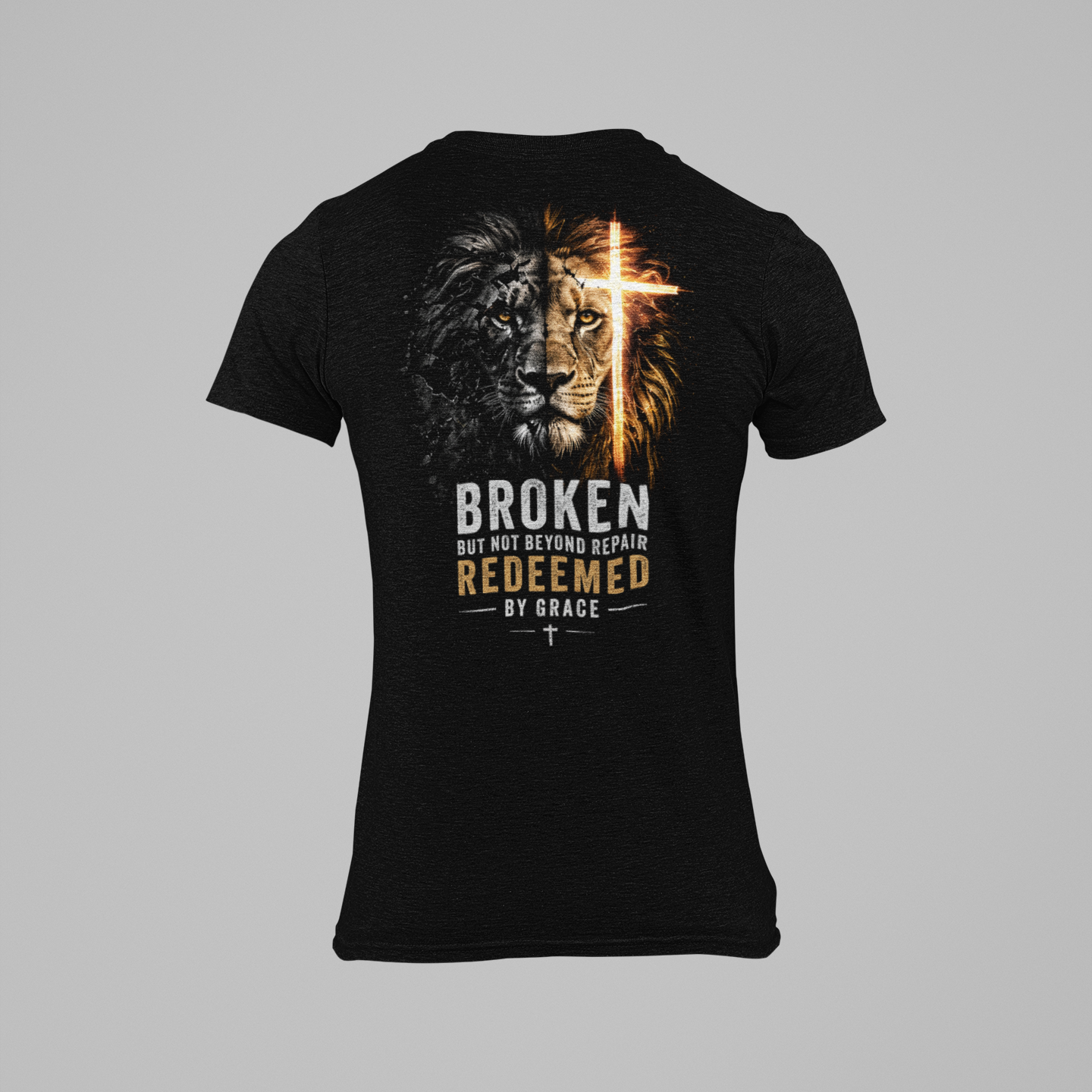 Black t-shirt with a lion graphic and text on a gray background