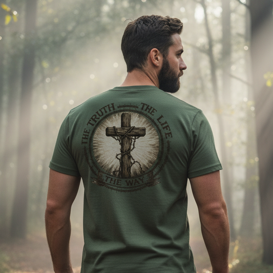 Man wearing a green t-shirt with a cross design in a forest