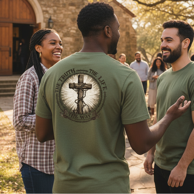 Two men in green t-shirts with a cross design are conversing outdoors near a church.