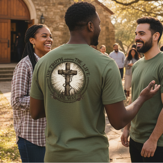 Two men in green t-shirts with a cross design are conversing outdoors near a church.