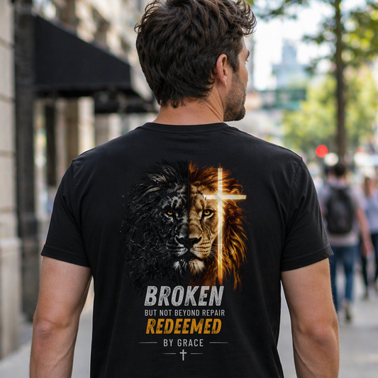Man wearing a black t-shirt with a lion and cross design on a city street.