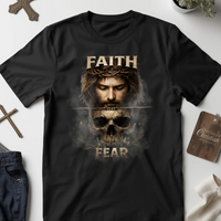 Black t-shirt with a graphic design featuring a skull and text on a white background.