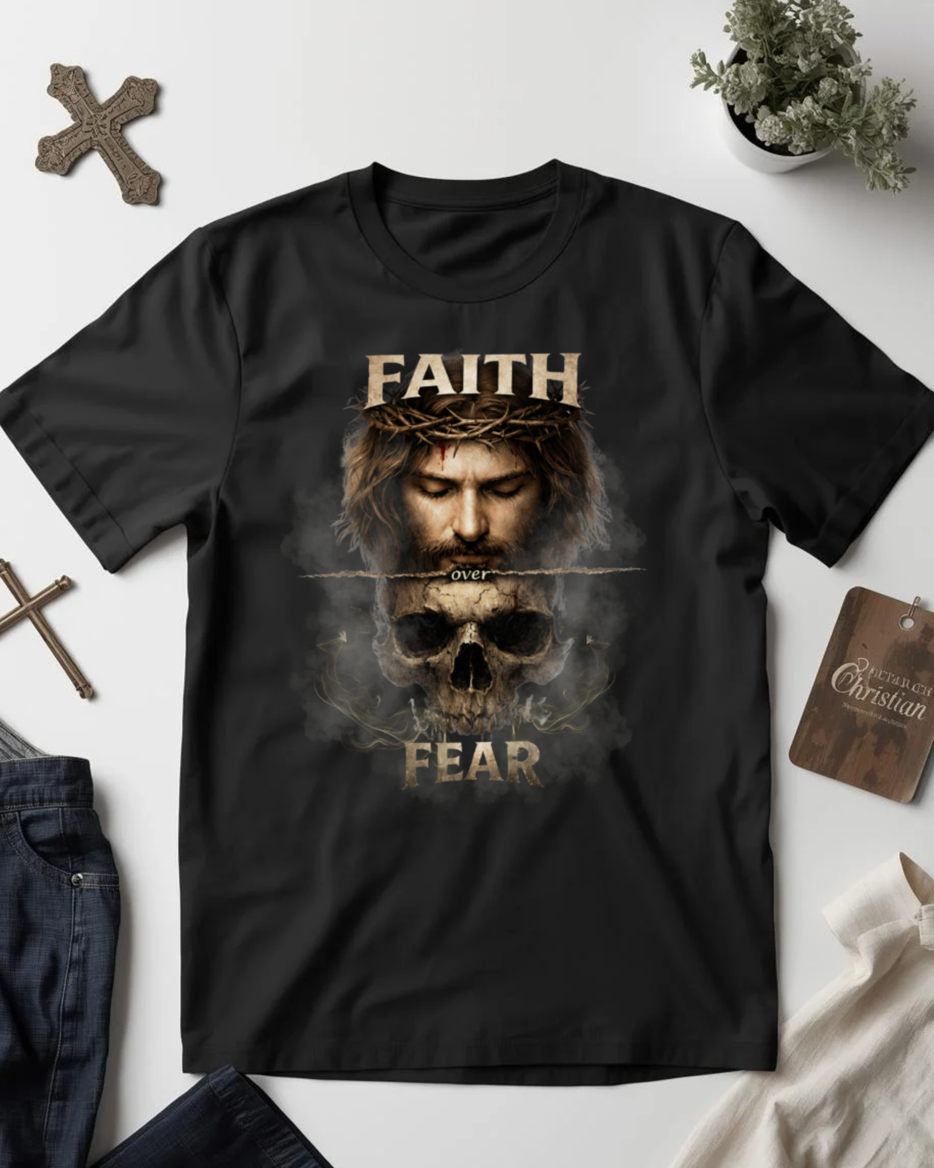Black t-shirt with a graphic design featuring a skull and text on a white background.