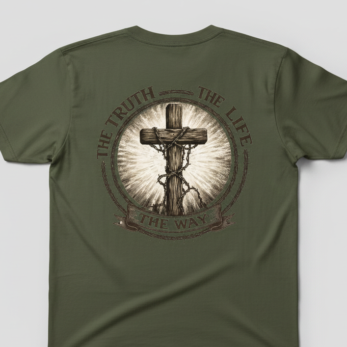 Green t-shirt with a cross design and text on the back against a light gray background