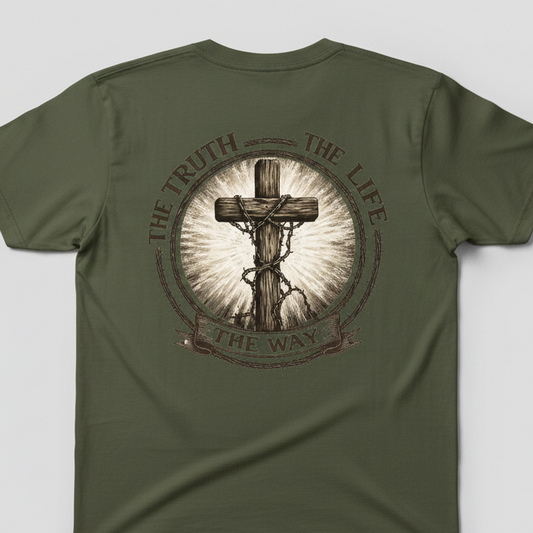 Green t-shirt with a cross design and text on the back against a light gray background
