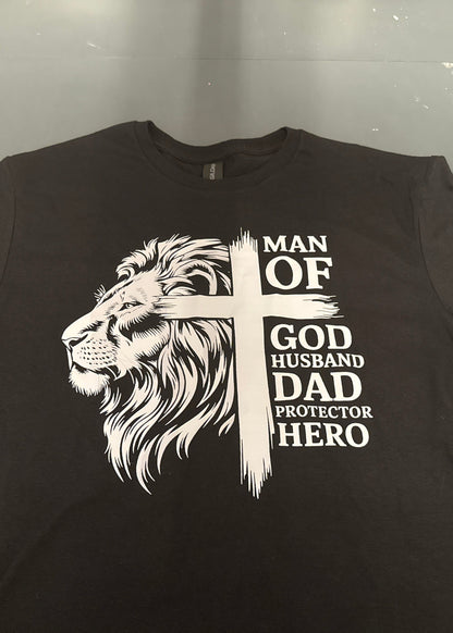 Black t-shirt with a lion graphic and text on a white background