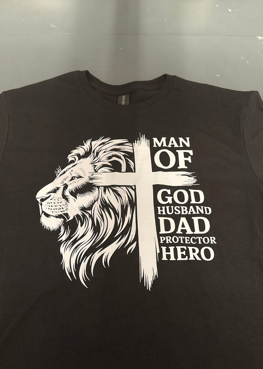 Black t-shirt with a lion graphic and text on a white background
