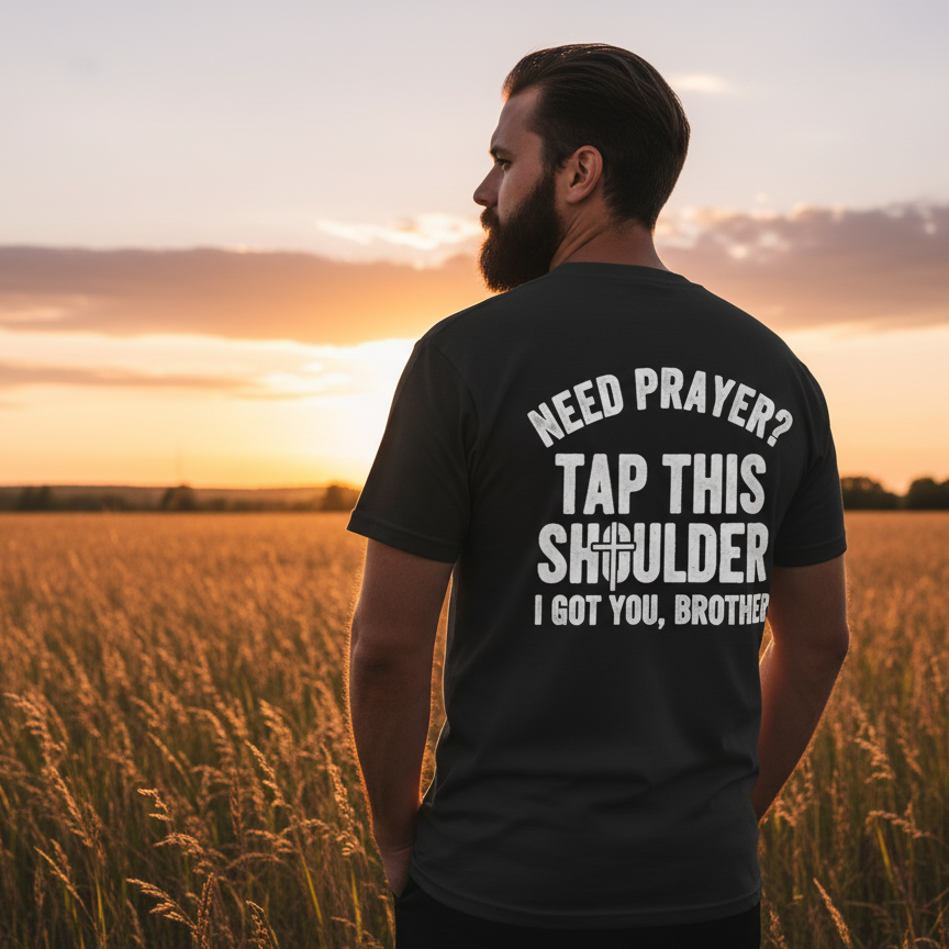Man wearing a black t-shirt with humorous text in a field at sunset