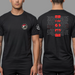 Black t-shirt with graphic design on front and text on back, worn by a person.