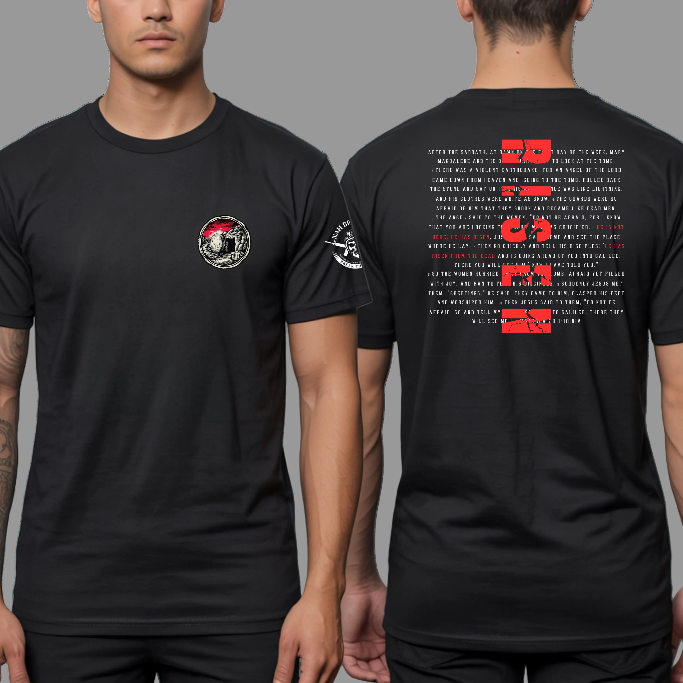 Black t-shirt with graphic design on front and text on back, worn by a person.