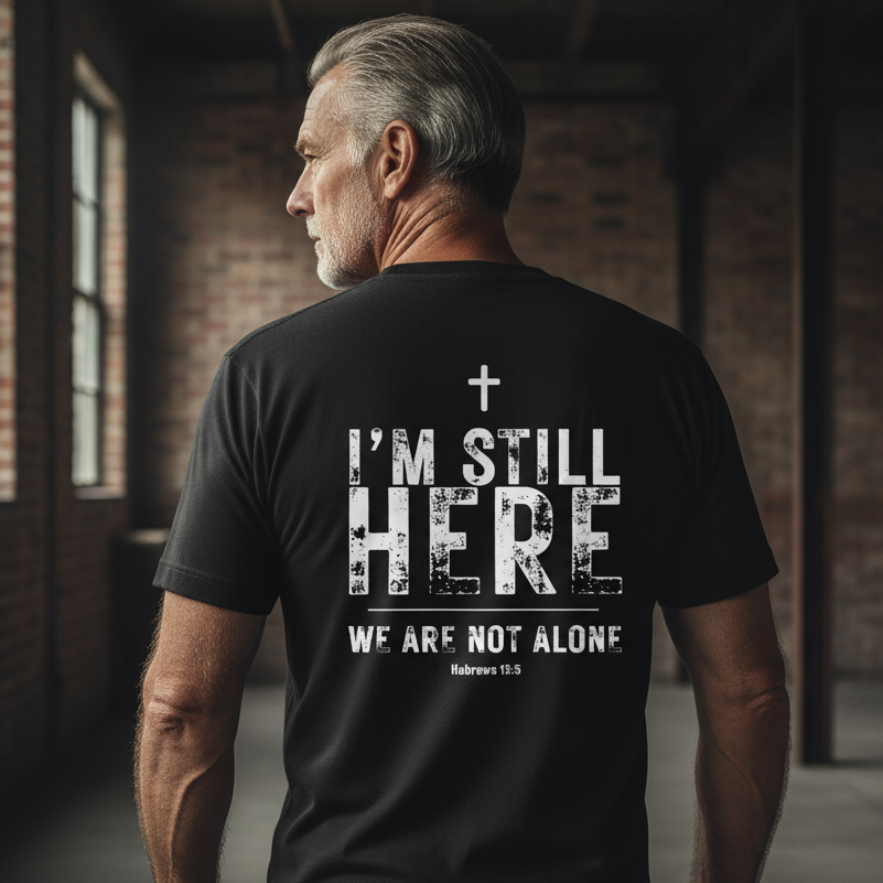 Man wearing a black t-shirt with a motivational message in a dimly lit room.