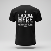 Black t-shirt with motivational text on a gray background