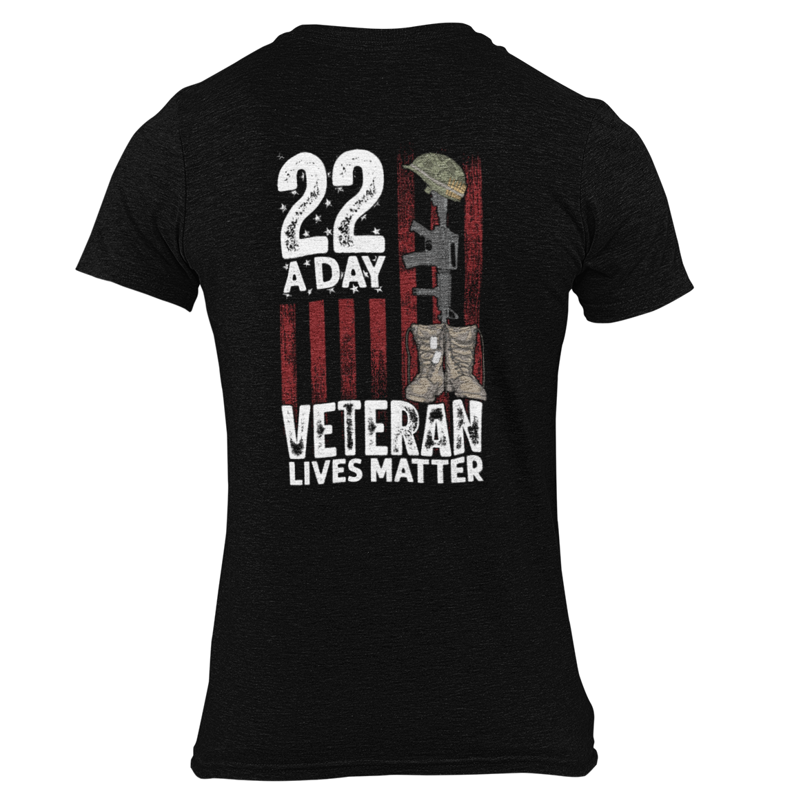 Black t-shirt with a graphic design on the back featuring an American flag and text.