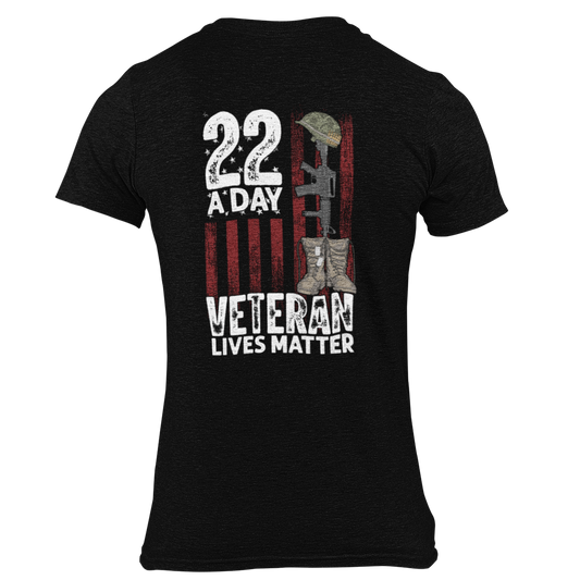 Black t-shirt with a graphic design on the back featuring an American flag and text.