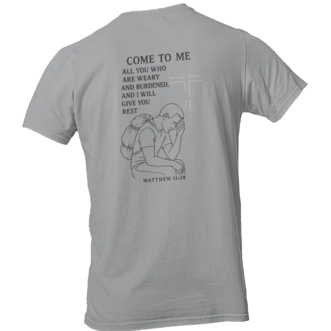 Gray t-shirt with a graphic and text on the back, displayed on a white background