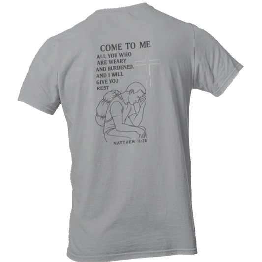 Gray t-shirt with a graphic and text on the back, displayed on a white background