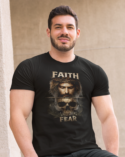 Man wearing a black t-shirt with a graphic design and text, sitting on a railing.