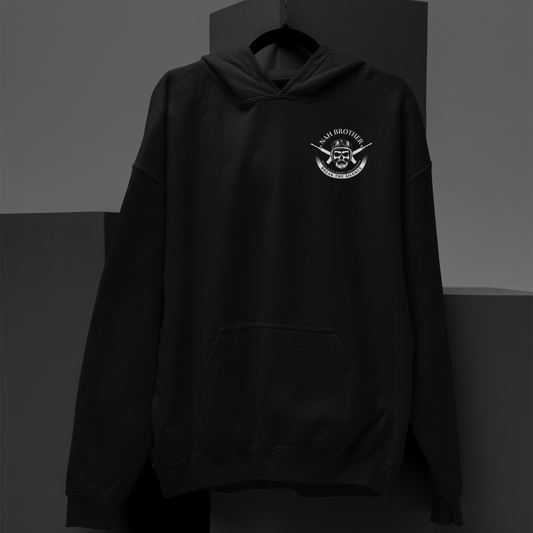 Black hoodie with a white logo on a dark background