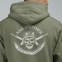 Green hoodie with 'Nah Brother' graphic on the back, featuring a skull and crossed rifles design.