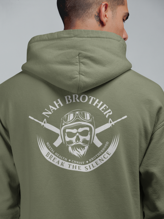 Green hoodie with 'Nah Brother' graphic on the back, featuring a skull and crossed rifles design.