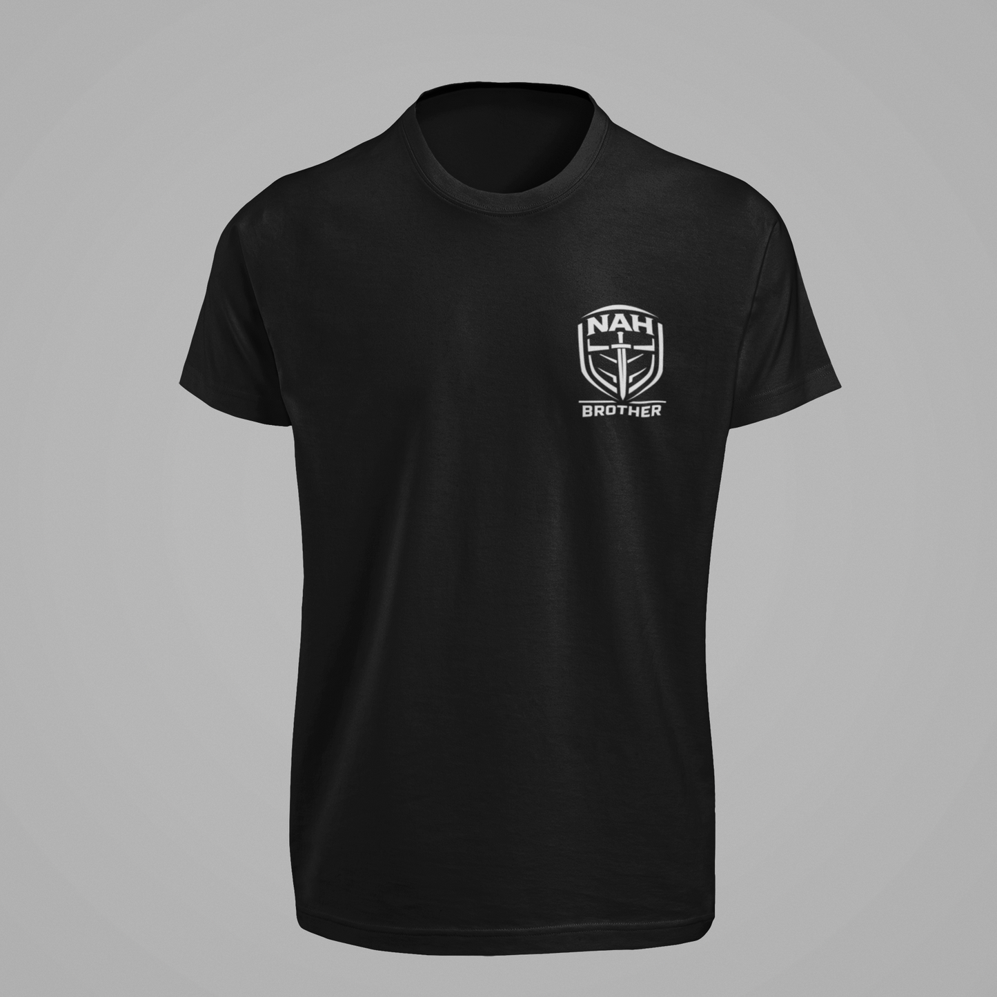Black t-shirt with a logo on a gray background